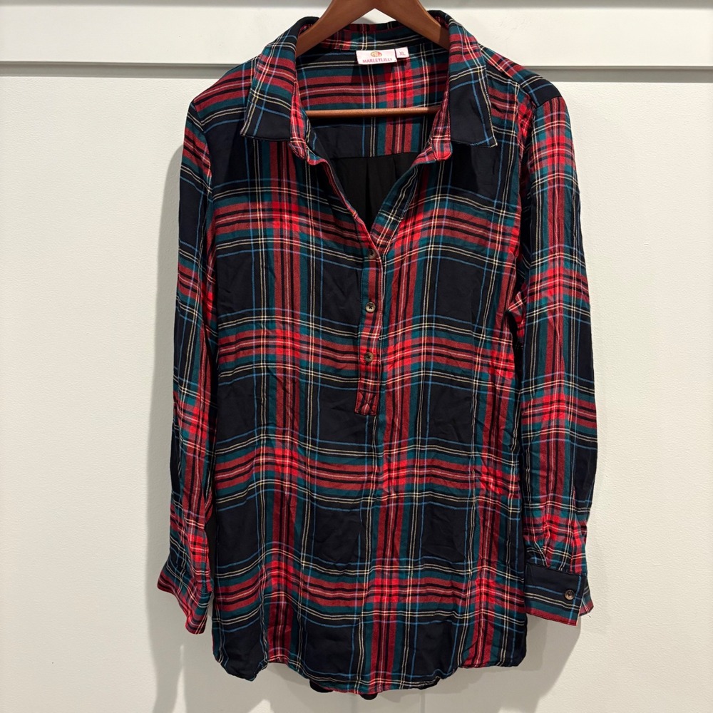 Marley Lilly Plaid Tunic Top XL Red Green Black Long Sleeve Button Front